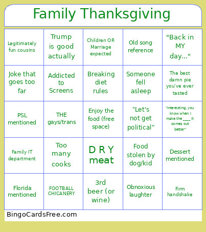 Family Thanksgiving Bingo Card
