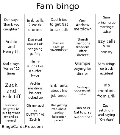 Family Trip Bingo Card