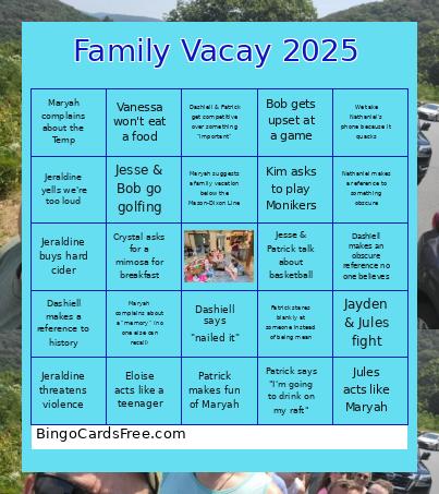 Family Vacay 2025 Bingo