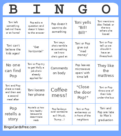 Family Visit Bingo Card