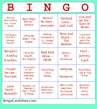 Famous Covers Musical Bingo Card