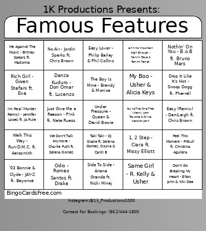 Famous Features Bingo Card