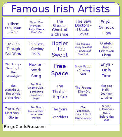 Famous Irish Artists Bingo Card