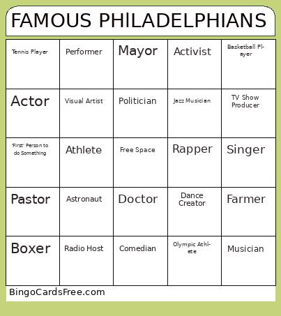 Bingo BHM Cards Free Pdf Printable Game, Title: FAMOUS PHlLADELPHIANS