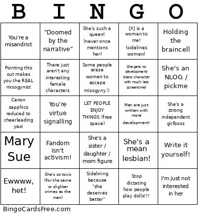 Fandom Misogyny Bingo Card