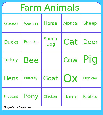 Farm Animals Bingo Card