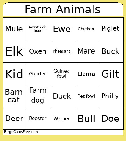 Farm Animals Bingo Card