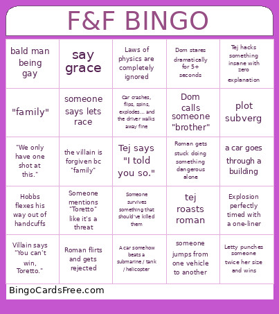 Fast And Furious Bingo Card