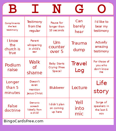 Fast And Testimony Meeting Bingo Card