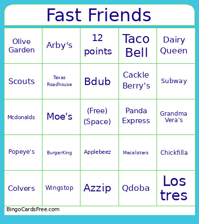 Fast Friends Bingo Card