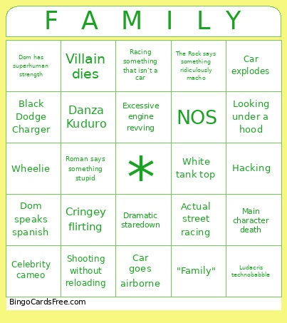 Fast & Furious Bingo Card