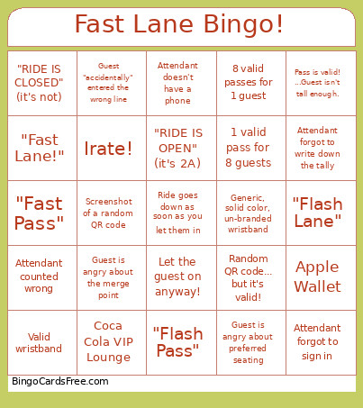 Fast Lane ! Bingo Card