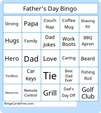 Father's Day Bingo Cards Free Pdf Printable Game, Title: Father's Day Bingo