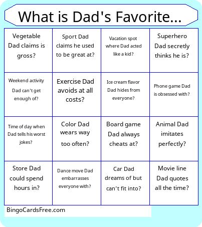 Father's Day Funny Quiz Bingo