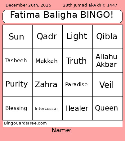 Fatima Baligha Celebration Bingo Card