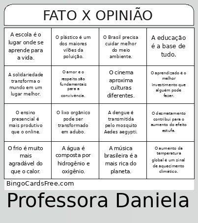 Fato X Opinião Bingo Card