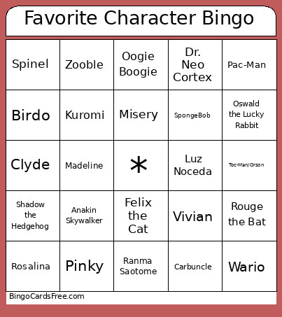 Favorite Character Bingo Card