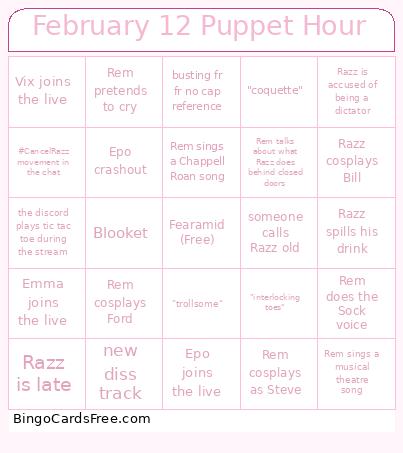 February 12 Puppet Hour Bingo Card