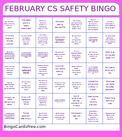 FEBRUARY CS SAFETY Bingo Card