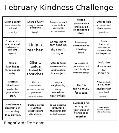 February Kindness Challenge Bingo Card