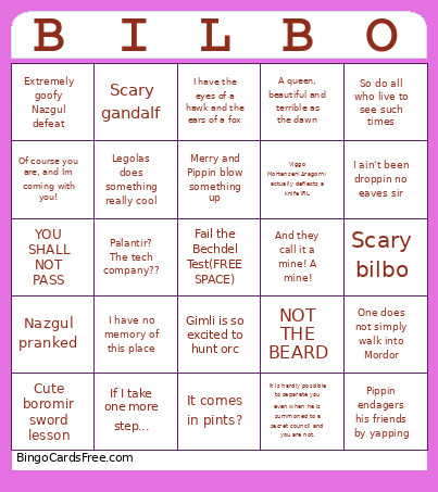 FELLOWSHIP BILBO Bingo Card
