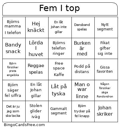 Fem I Top Bingo Card 2