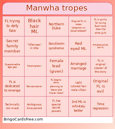 Female-lead Manwha Tropes Bingo Card 2