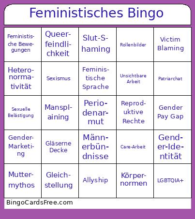 Feministisches Bingo Cards Free Pdf Printable Game, Title: Feministisches Bingo