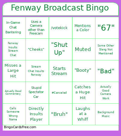 Fenway Broadcast Bingo Card