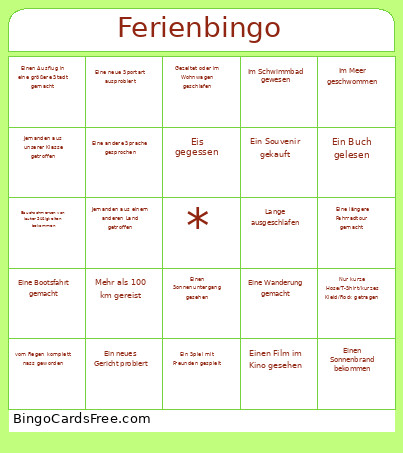 Ferien Bingo Card