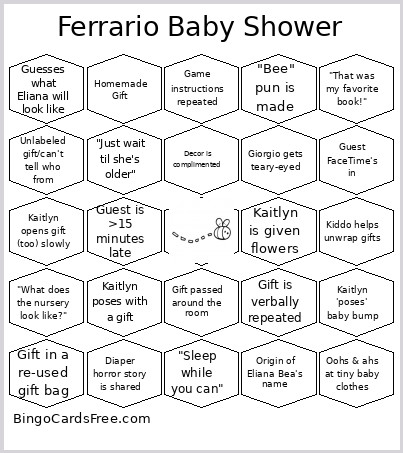 Ferrario Baby Shower Bingo Card