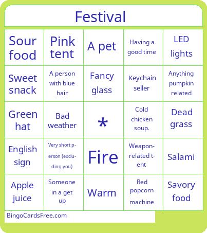 Festival Bingo Cards Free Pdf Printable Game, Title: Festival 