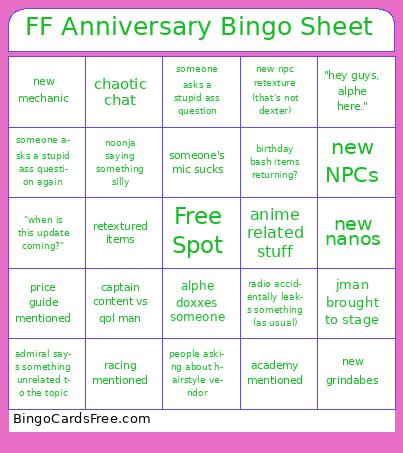FF Anniversary Bingo Sheet