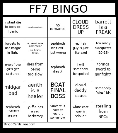 Ff7 Blind Predictions Bingo Card