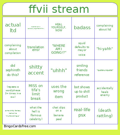 Ffvii Stream Bingo Card