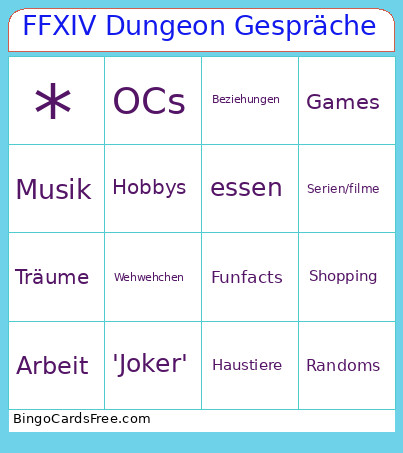 FFXIV Dungeon Gespräche Bingo Card