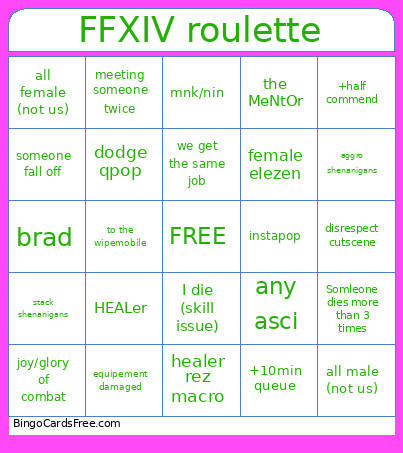 FFXIV Roulette Bingo Card