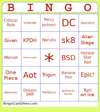 Fic Easy Bingo Card