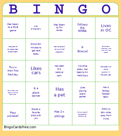 Field Day Bingo Card