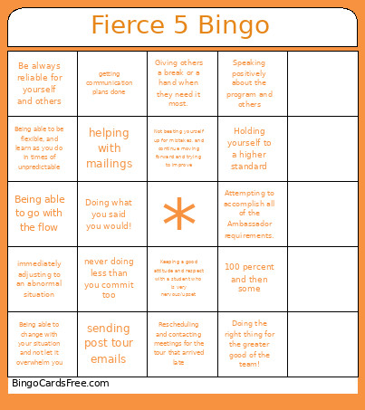 Fierce 5 Bingo Card