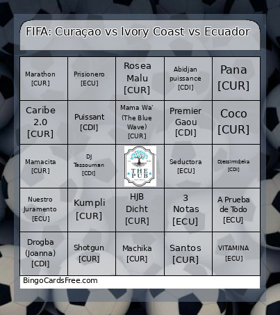FIFA: Curaçao Vs Ivory Coast Vs Ecuador Bingo Card