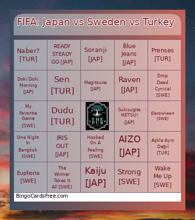 FIFA: Japan Vs Sweden Vs Turkey Bingo Card