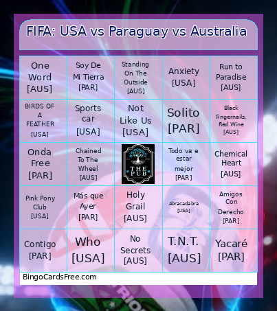 FIFA: USA Vs Paraguay Vs Australia Bingo Card