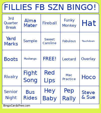 Fillies Football Season ! Bingo Card