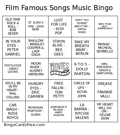 Film Famous Songs Music Bingo Card