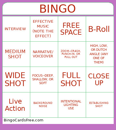 Film Studies Bingo Card