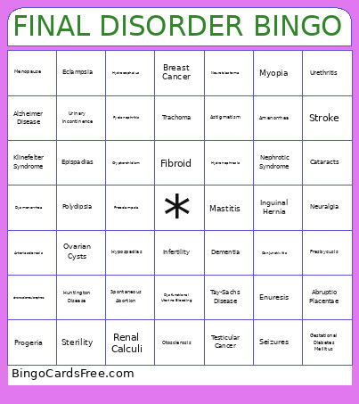 Final Disorders Bingo Card