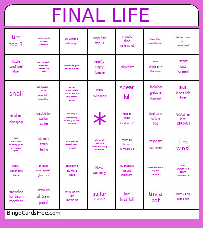 FINAL LIFE Bingo Card