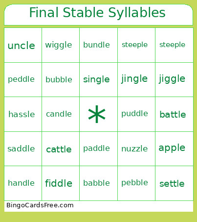 Final Stable Syllables Bingo Card