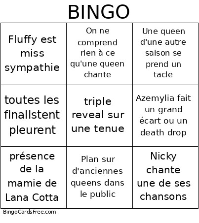 Finale Drag Race France Bingo Card